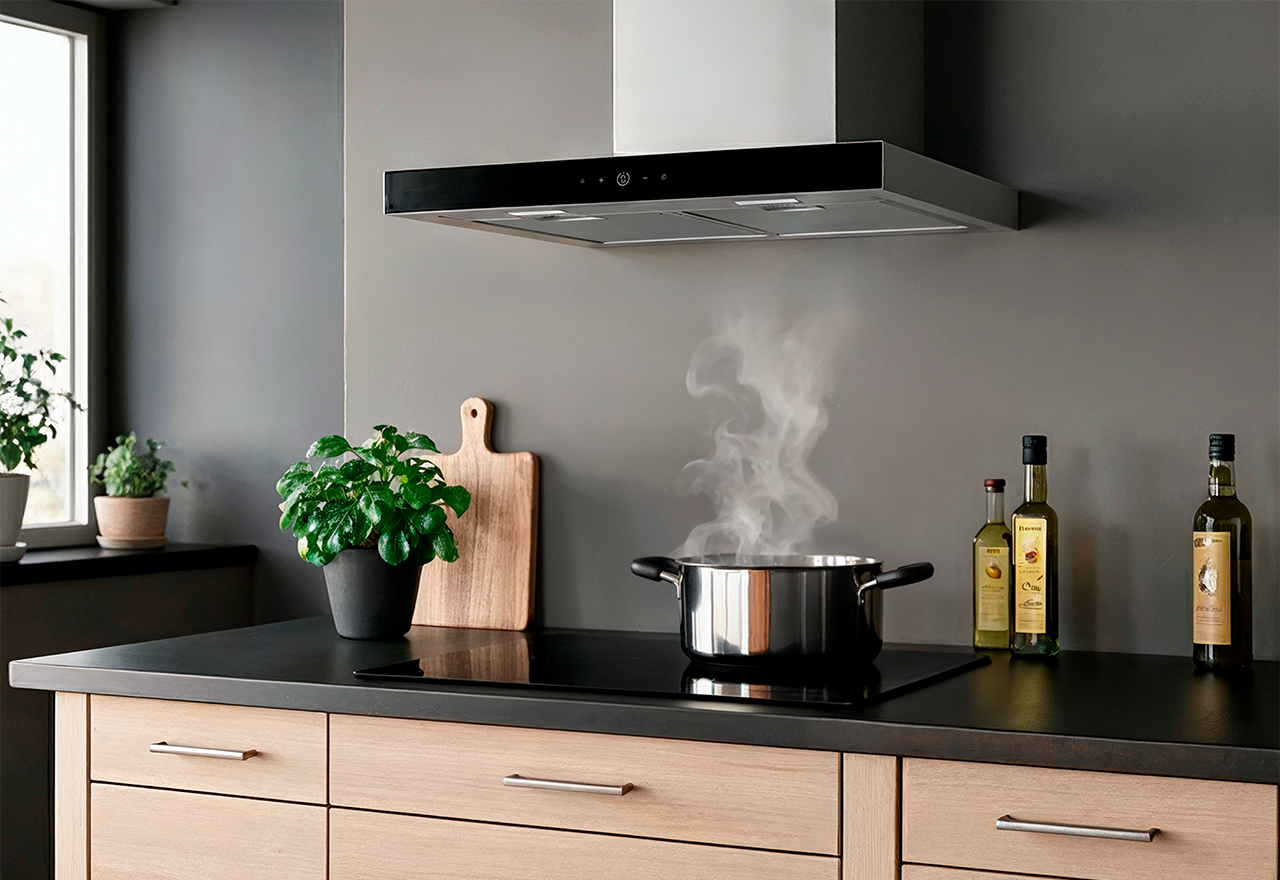 Trend model 90, 60 cm vægmodel i stål/svart glas, med motor